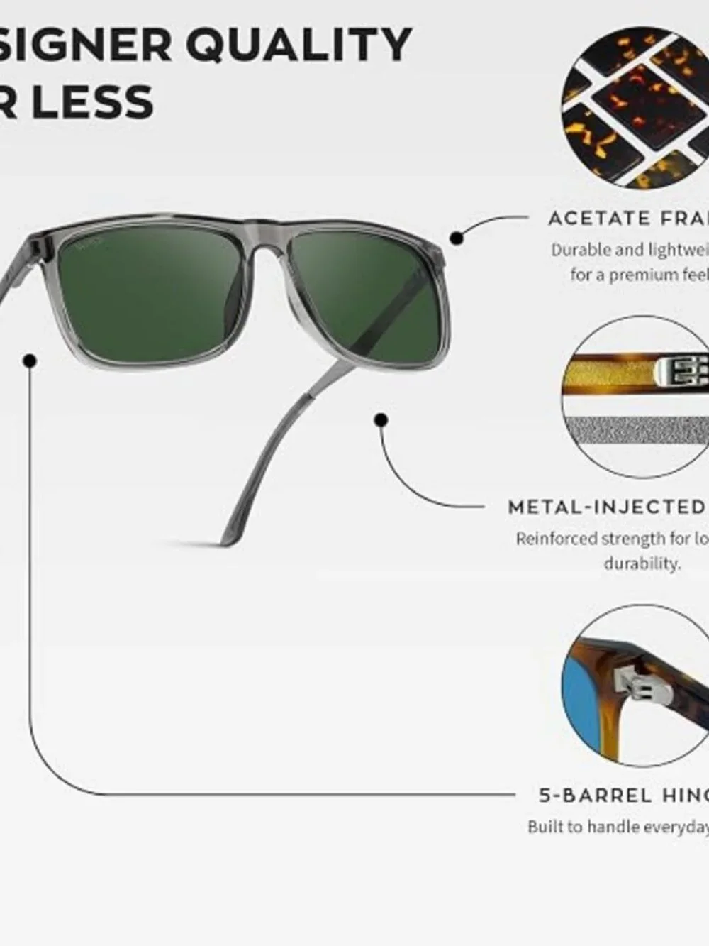 Crystal Grey Flat Top Square Polarized Sunglasses Men Smoke Green Lens